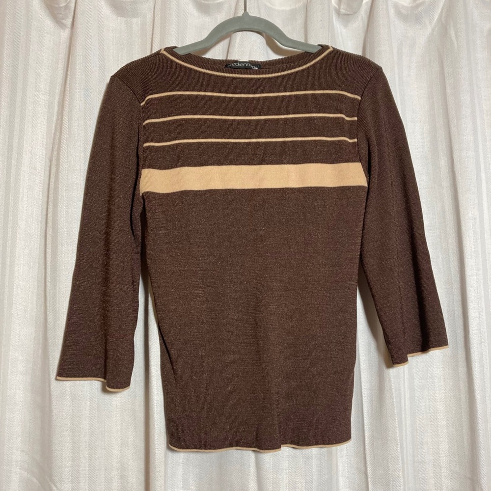 Vintage Breckenridge Brown Striped Boat Neck Knit Top 3/4 Sleeve Small 80s 90s